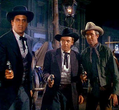 Rock Hudson, Arthur Kennedy, James Stewart (in Bend of the River, 1952)