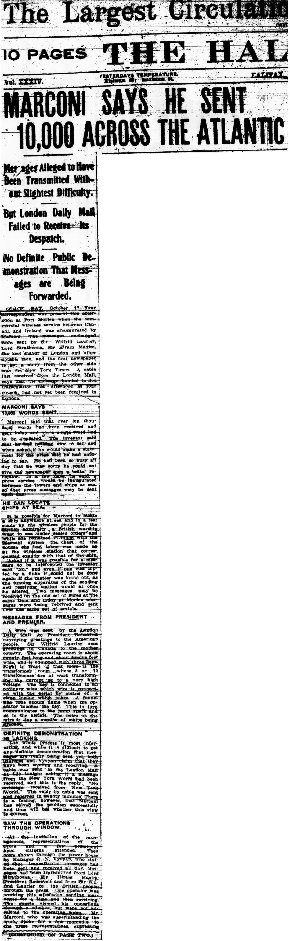 Marconi Transatlantic Wireless Telegraph, 18 October 1907