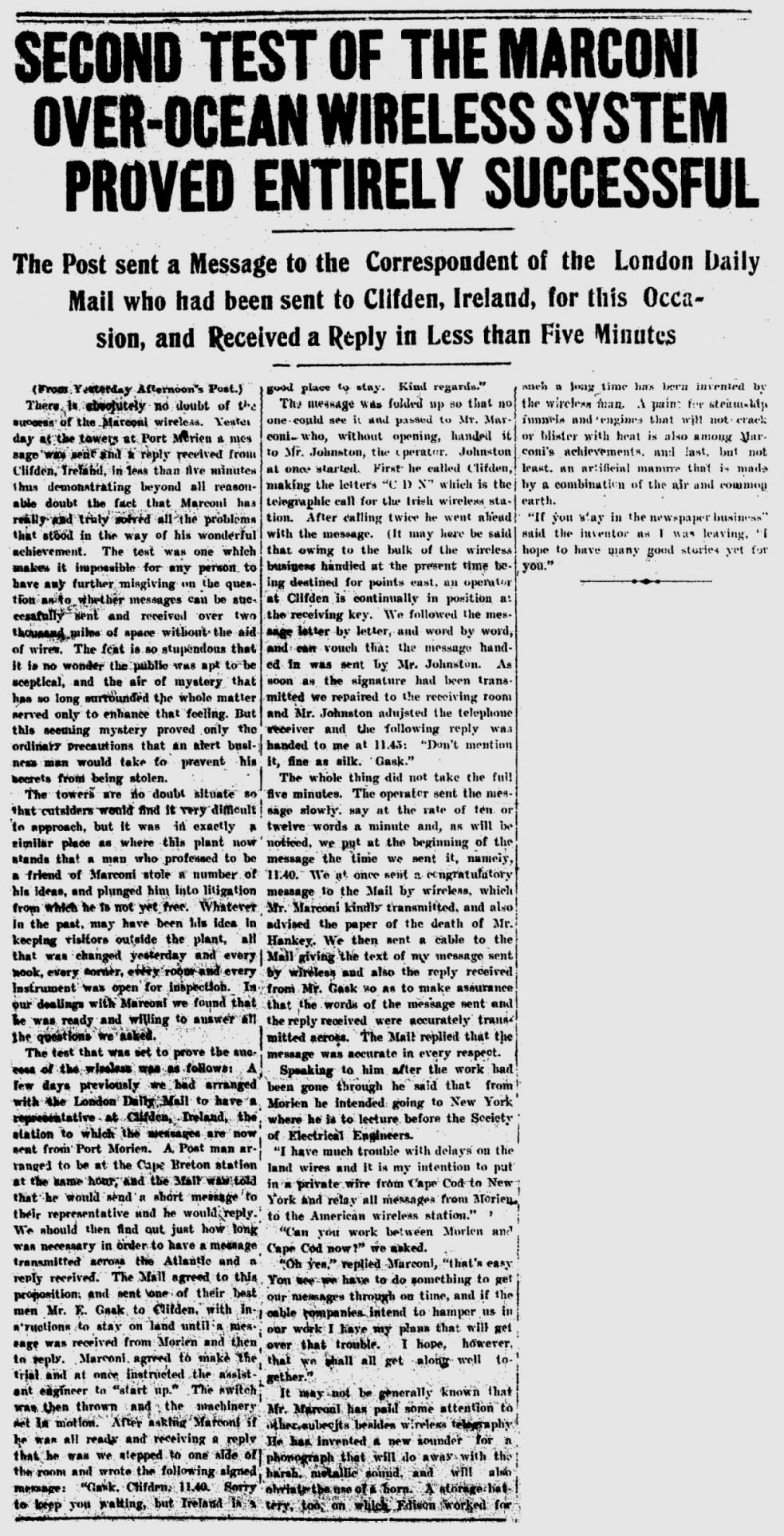 Marconi Transatlantic Wireless Telegraph, 24 October 1907