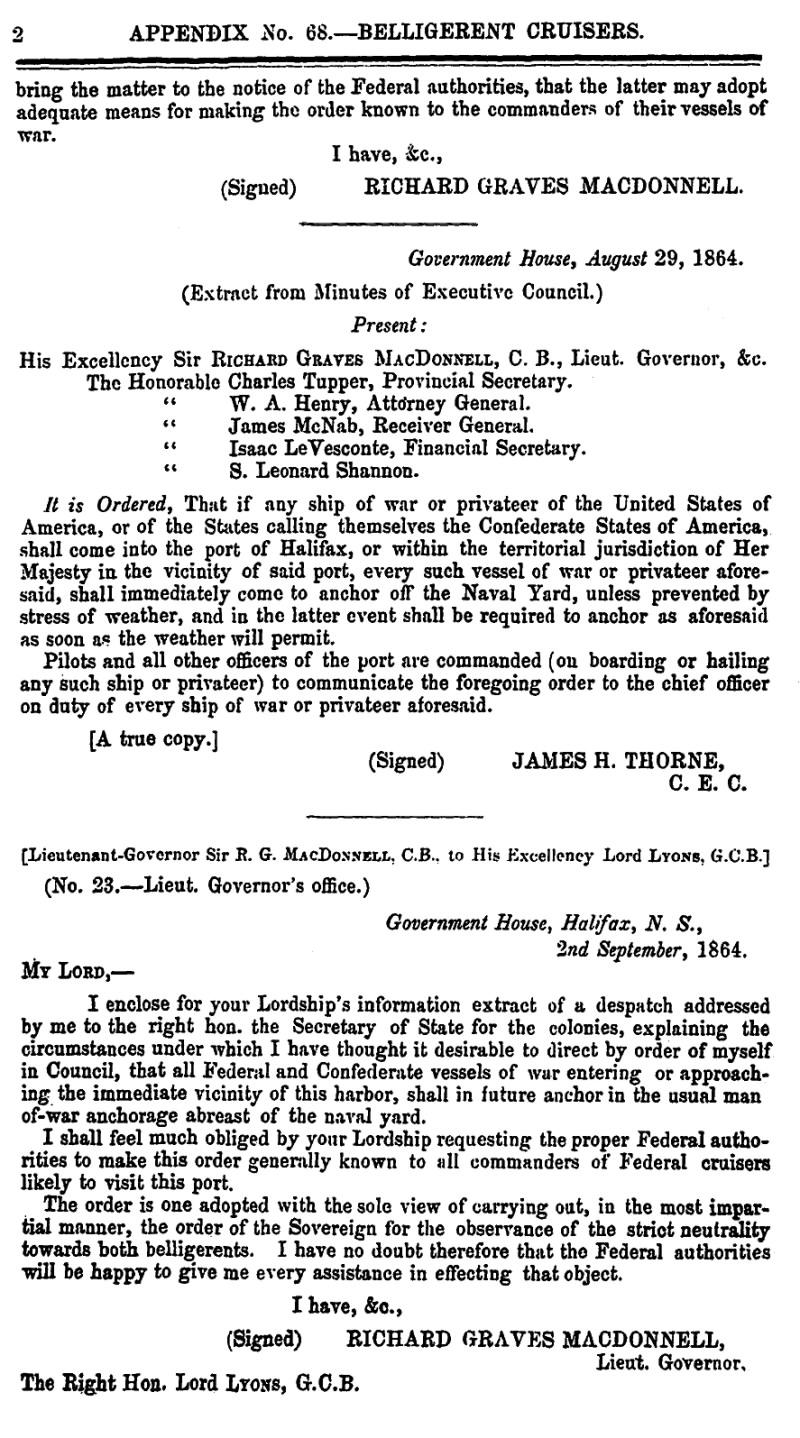 page 2 Appendix 68 – Belligerent Cruisers, Journal & Proceedings 1865, Nova Scotia House of Assembly