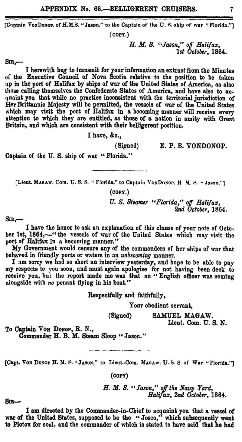 page 7 Appendix 68 – Belligerent Cruisers, Journal & Proceedings 1865, Nova Scotia House of Assembly