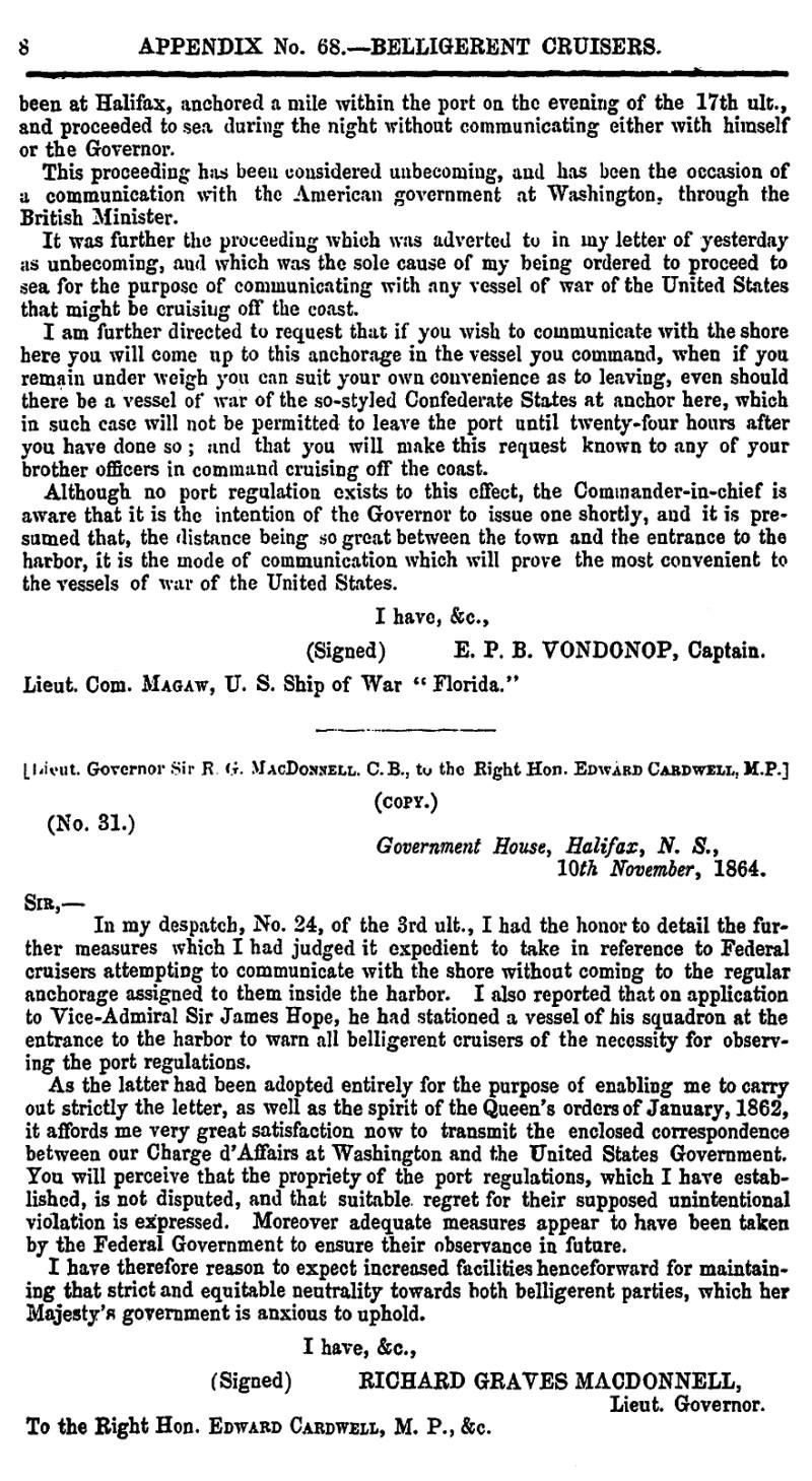 page 8 Appendix 68 – Belligerent Cruisers, Journal & Proceedings 1865, Nova Scotia House of Assembly