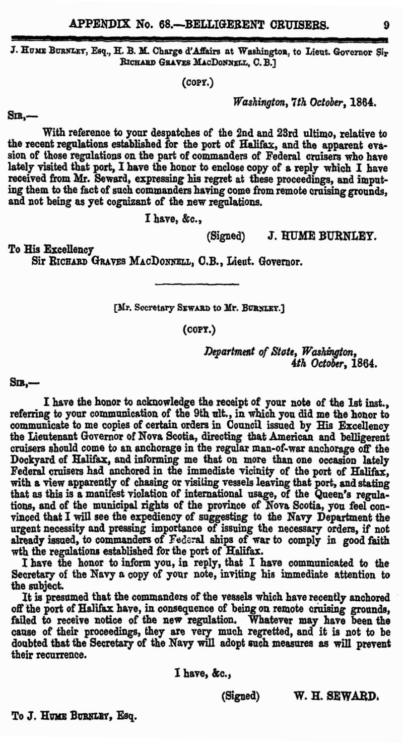 page 9 Appendix 68 – Belligerent Cruisers, Journal & Proceedings 1865, Nova Scotia House of Assembly