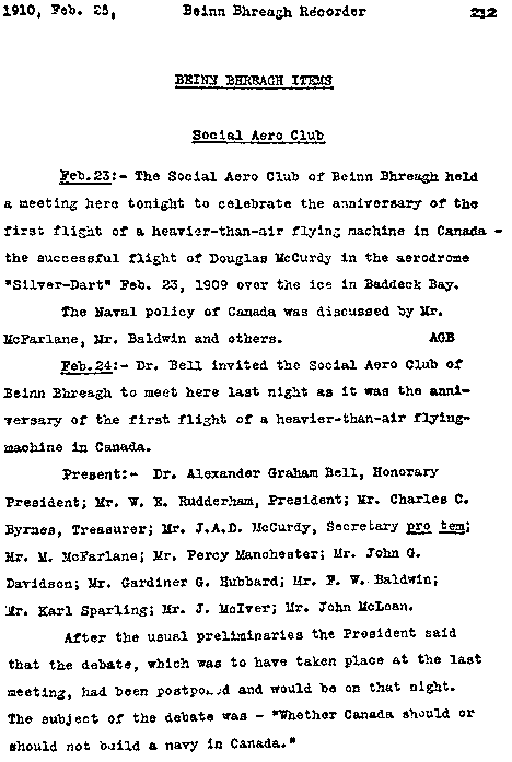 February 25th, 1910: Beinn Bhreagh Recorder, volume 3, page 212