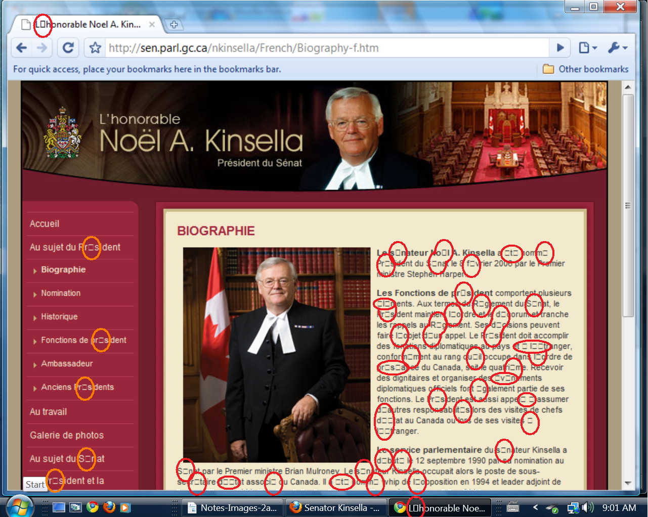 Senate Speaker's website as it appeared in April 2010 (displayed in contemporary Chrome browser), riddled with coding mistakes – attributable to the Senate's use of obsolete website management software
