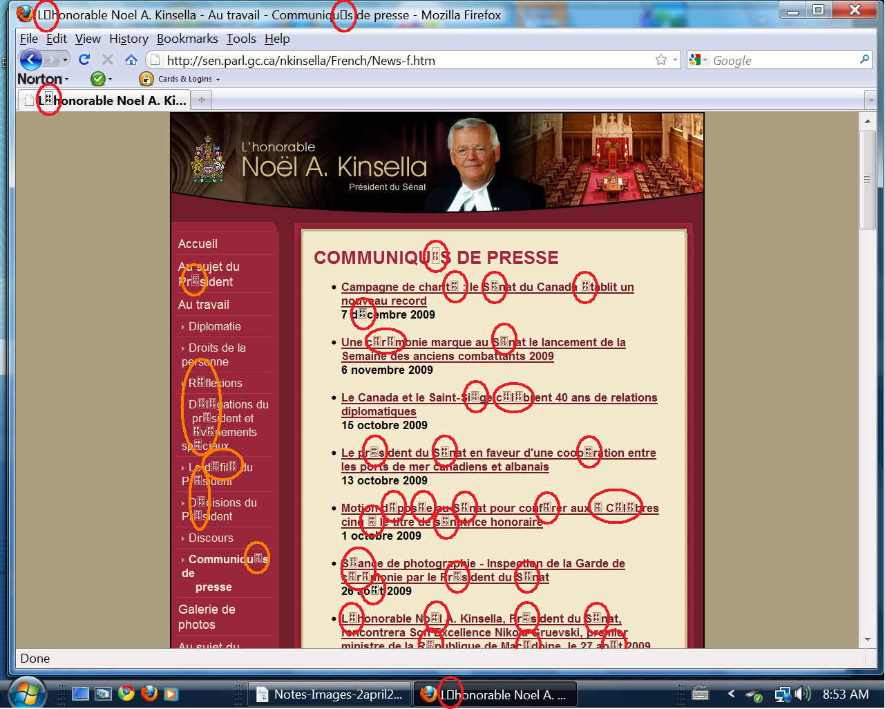 Senate Speaker's website as it appeared in April 2010 (displayed in contemporary Firefox browser), riddled with coding mistakes – attributable to the Senate's use of obsolete website management software