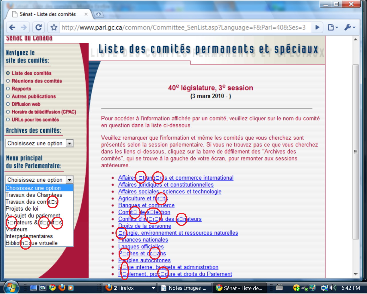 Senate Committee website as it appeared in April 2010 (displayed in contemporary Chrome browser), riddled with coding mistakes – attributable to the Senate's use of obsolete website management software