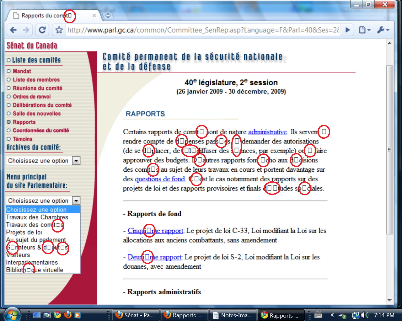 Senate Standing Committee on National Security and Defence website as it appeared in April 2010 (displayed in contemporary Chrome browser), riddled with coding mistakes – attributable to the Senate's use of obsolete website management software