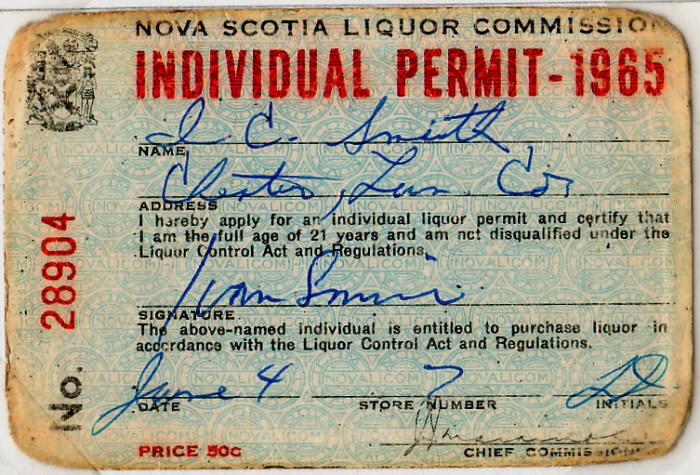Nova Scotia Liquor Permit 1965
