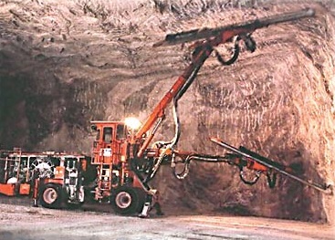 A drill makes two holes 3½ metres deep in a salt face at the Canadian Salt Company mine in Pugwash, Cumberland Co.