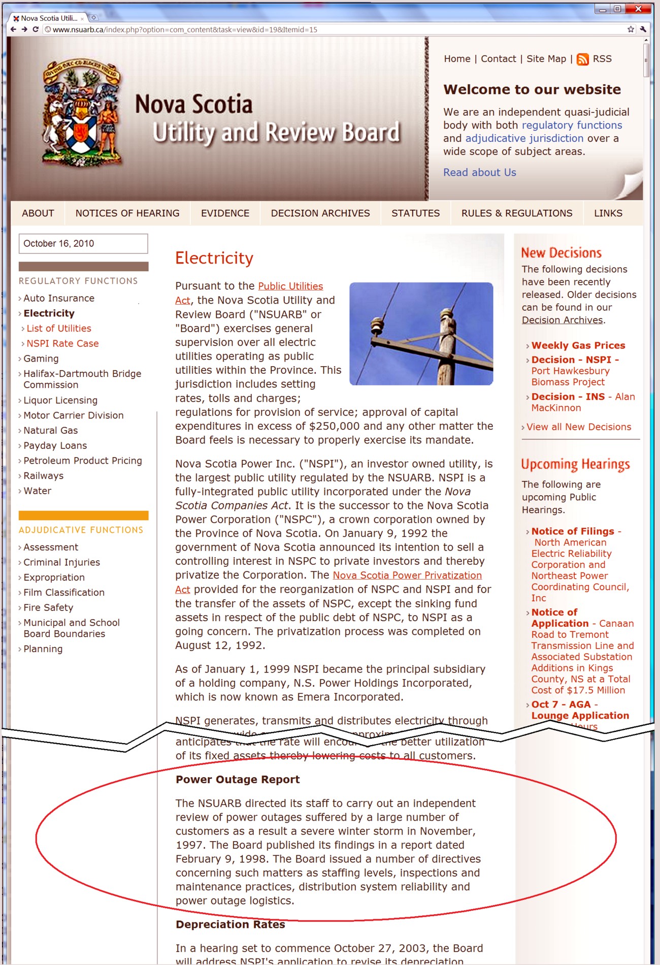 UARB "Electricity" webpage, 16 Oct 2010