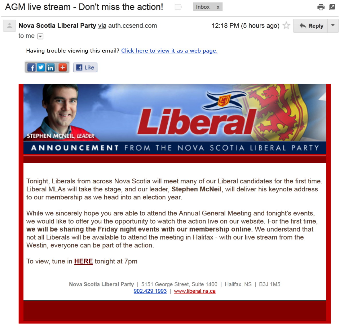 Nova Scotia Liberal Party: Announcement - Annual General Meeting live webcast, first time