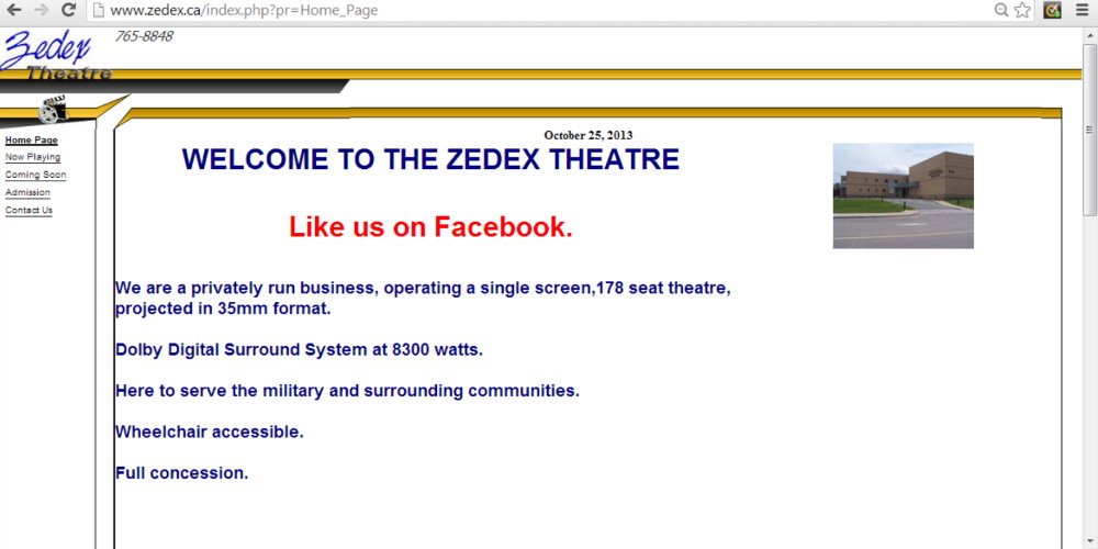 Nova Scotia, Kings County, Zedex Movie Theatre website home page, Friday, 25 October 2013 Nova Scotia, Kings County, Zedex Movie Theatre website home page, Friday, 25 October 2013