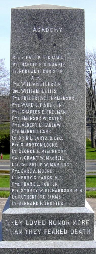 Acadia University WW1 memorial, north face