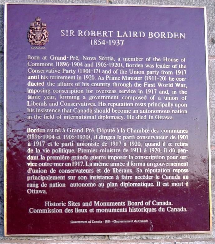 Nova Scotia: Sir Robert Borden plaque, Grand Pre