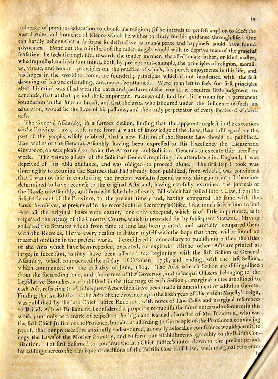 Preface page 5 (ix), Statutes of Nova Scotia, 1805, R.J. Uniacke