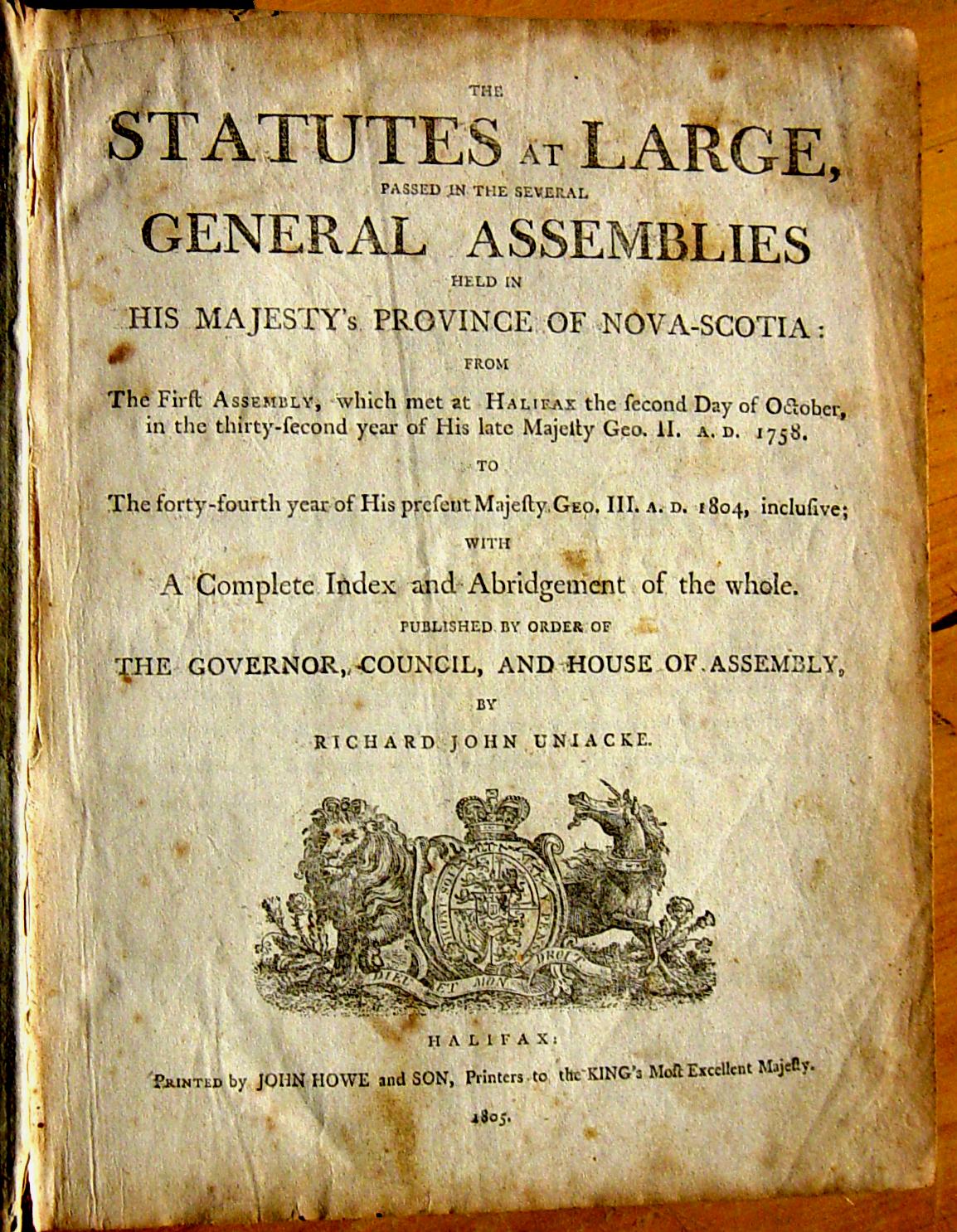 Title page, Statutes of Nova Scotia, 1805, R.J. Uniacke