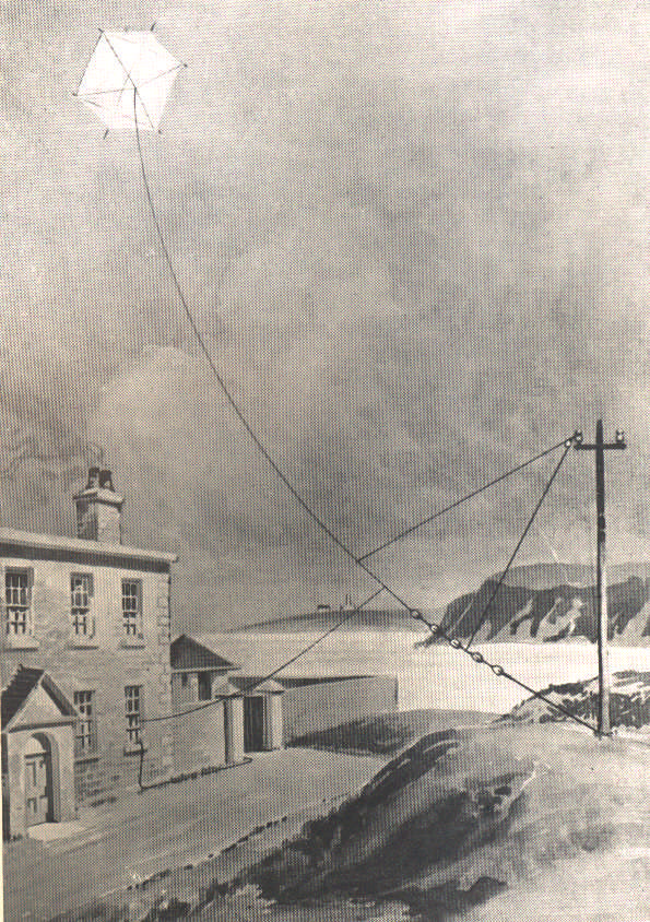 Painting depicts Marconi's receiving aerial wire supported by a kite