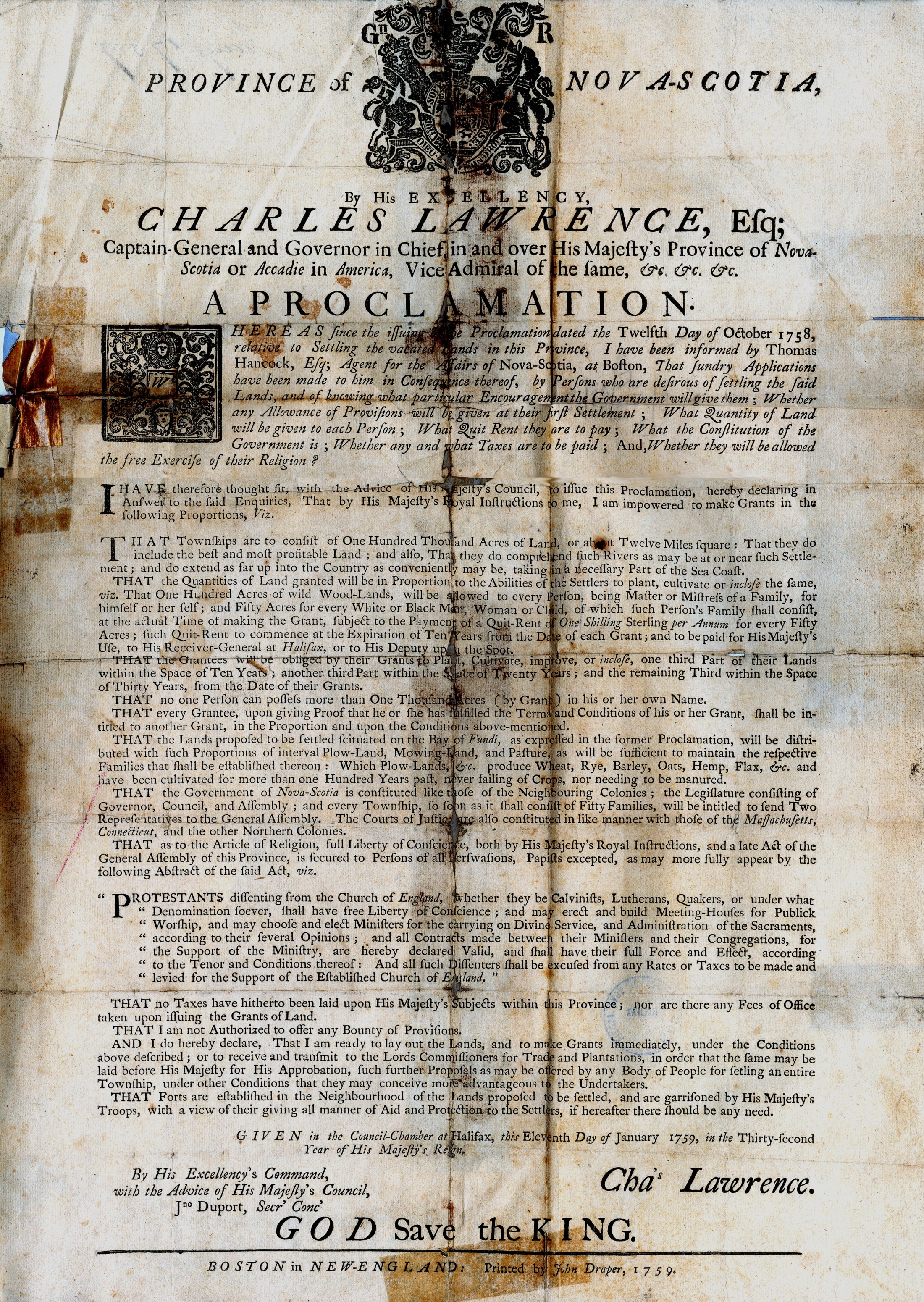 This is an image of the original Proclamation issued by Nova Scotia Governor Lawrence in January 1759.