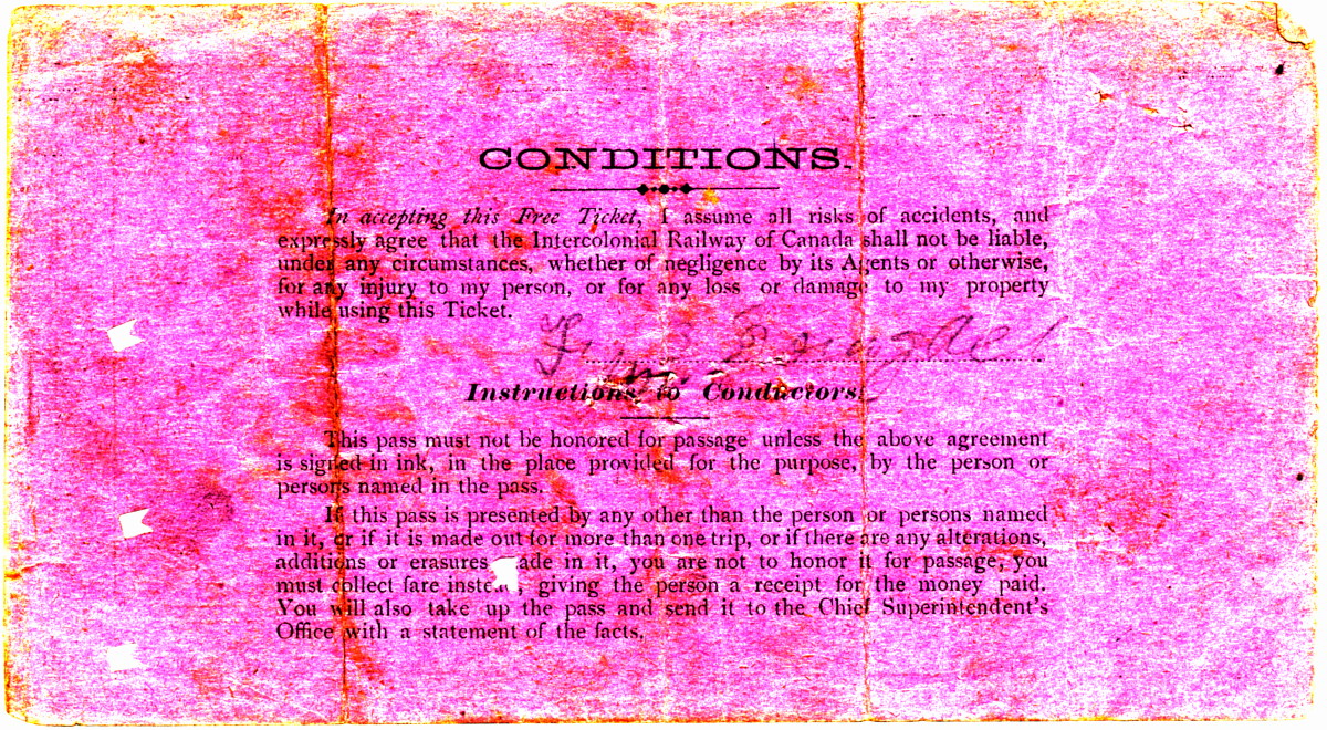 Nova Scotia: Intercolonial Railway employee pass, 1890 March 31, back