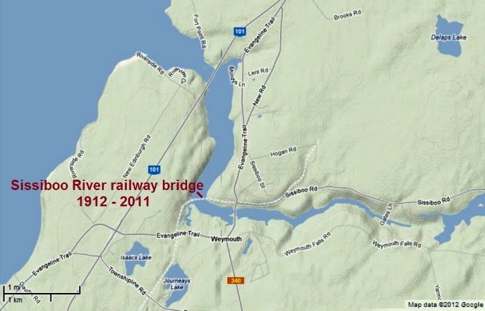 Map: Dominion Atlantic Railway: Sissiboo River Bridge, Weymouth, Digby County, Nova Scotia, 1912-2011