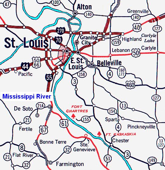 Map showing the location of Fort de Chartres and Fort Kaskaskia