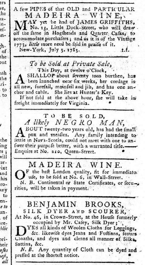 Slave for sale, July 1783