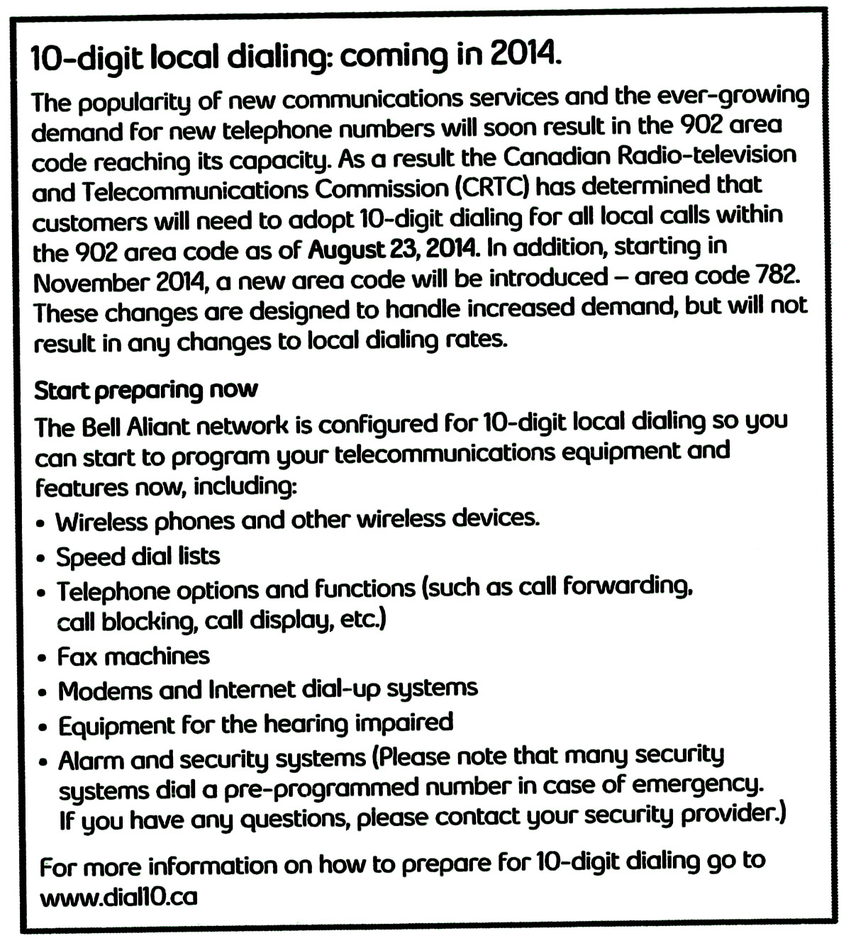 Ten-digit dialling mandatory for all local calls in 902 area code beginning 23 August 2014