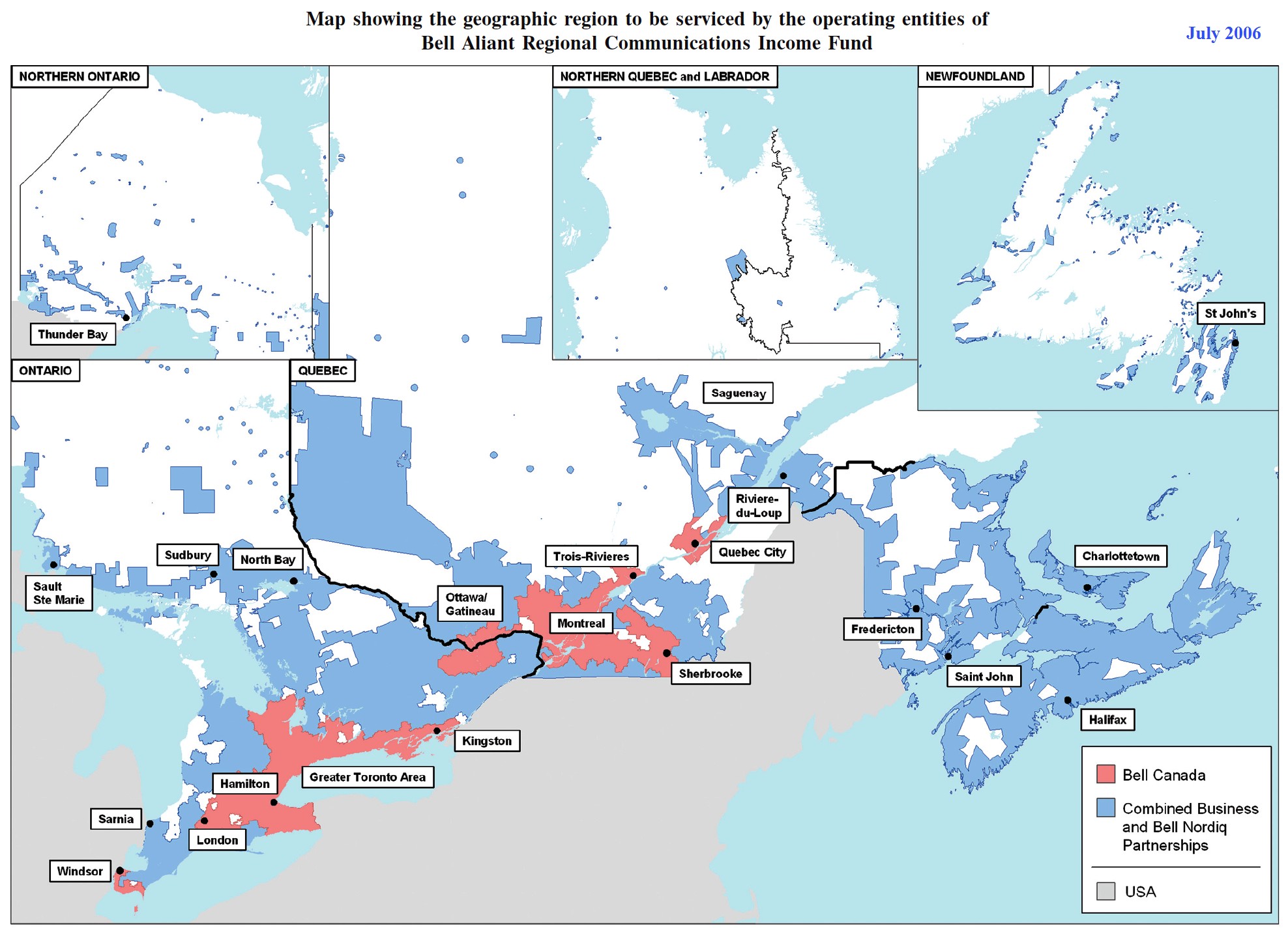 Map showing the geographic region in the Atlantic Provinces, Quebec and Ontario to be serviced by the operating entities of Bell Aliant Regional Communications Income Fund