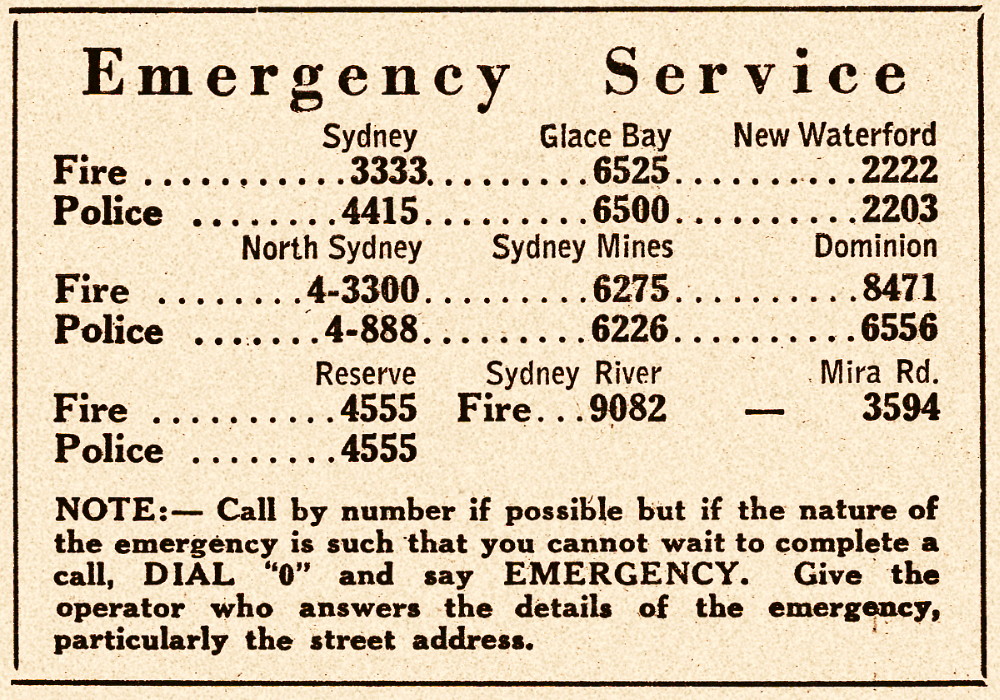 Telephone numbers for reporting emergencies in the Sydney - Glace Bay area of Cape Breton Island, 1958