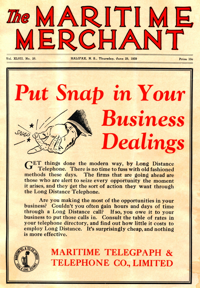 MT&T front page advertisement in The Maritime Merchant, volume XLVII (v47 n26) 29 June 1939