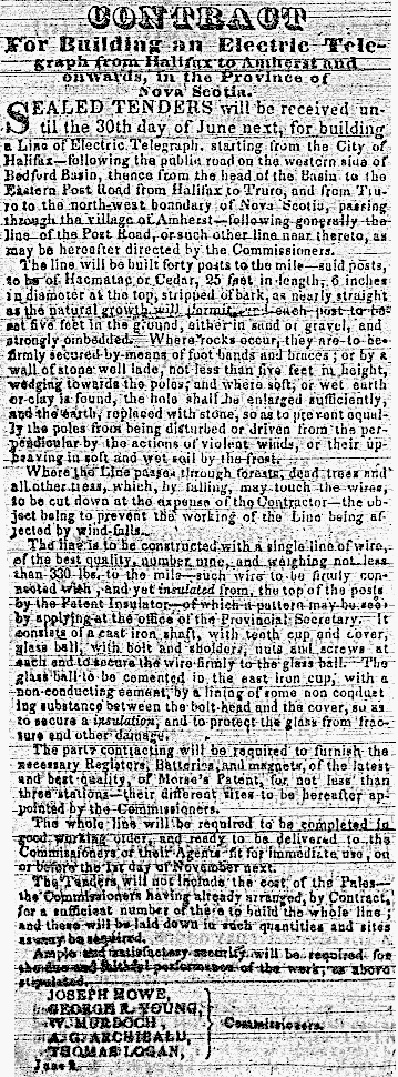 Nova Scotia Electric Telegraph tender call, June 1849